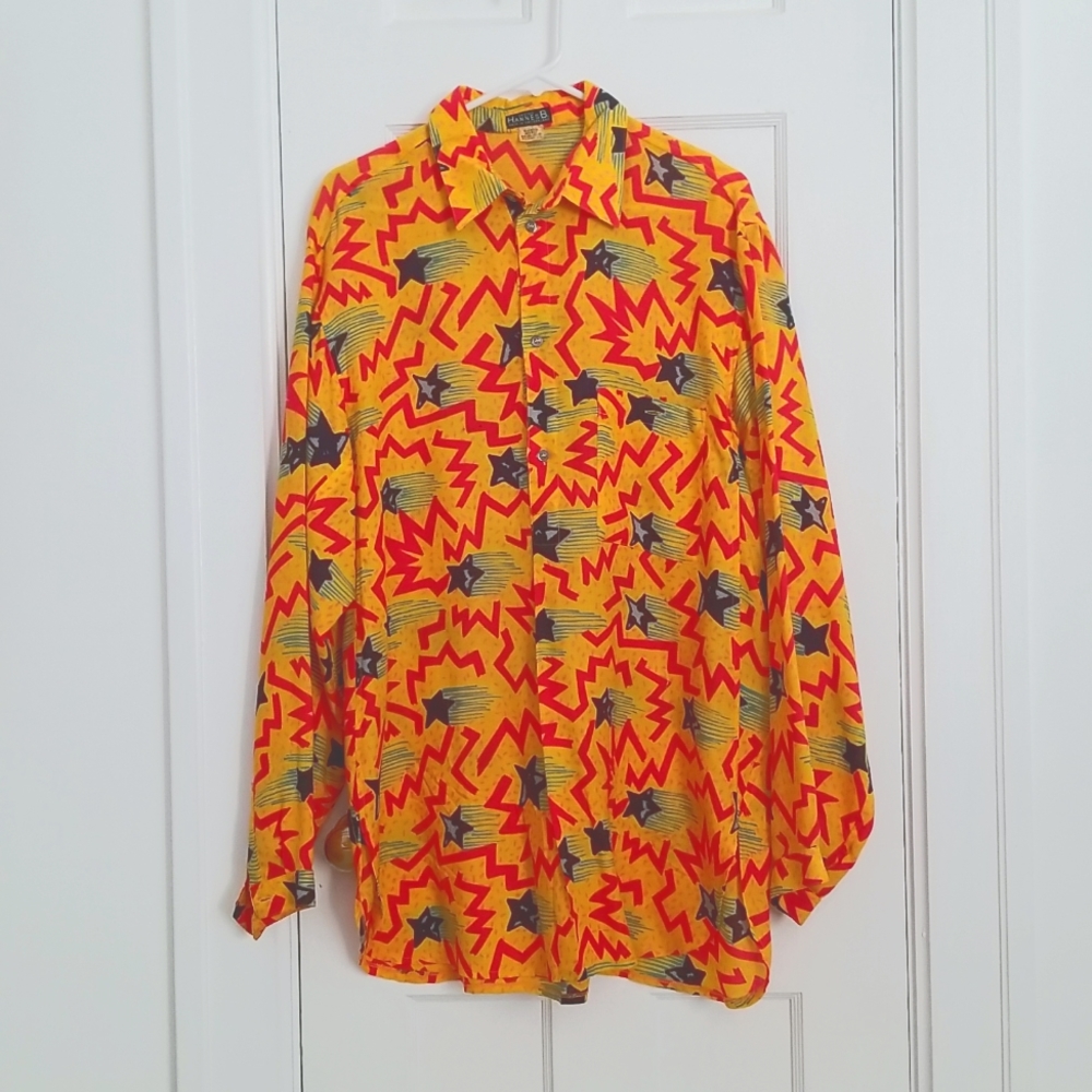 Vintage, 90's shirt. Made in Switzerland. Three button down star patterned.